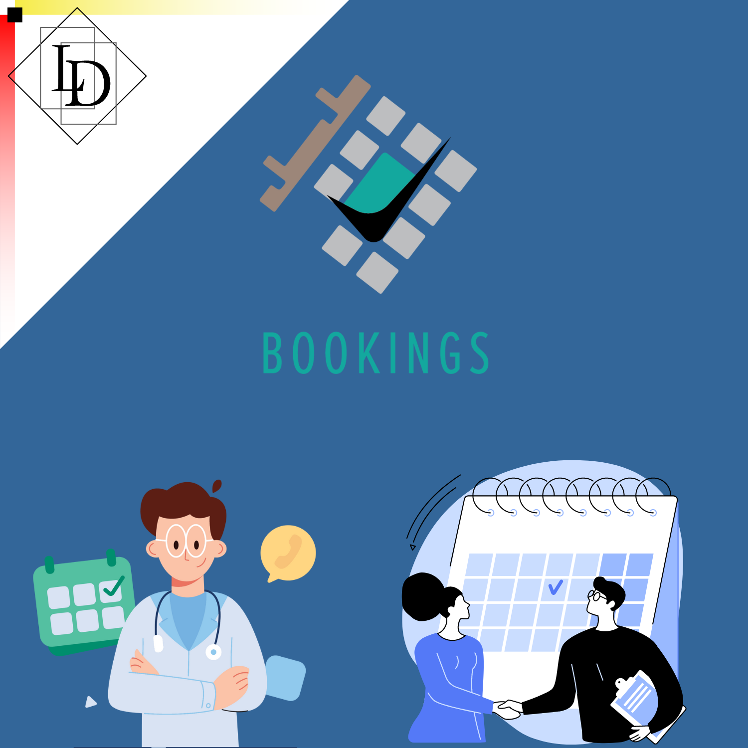 The image displays the bookings logo along with two clip art images related to the concept of bookings.